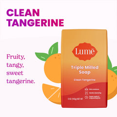 Lume triple-milled soap bar with rich lather for thorough cleansing.