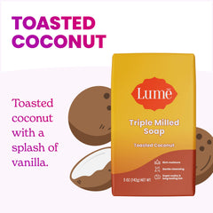 Lume soap triple-milled bar with toasted coconut aroma.