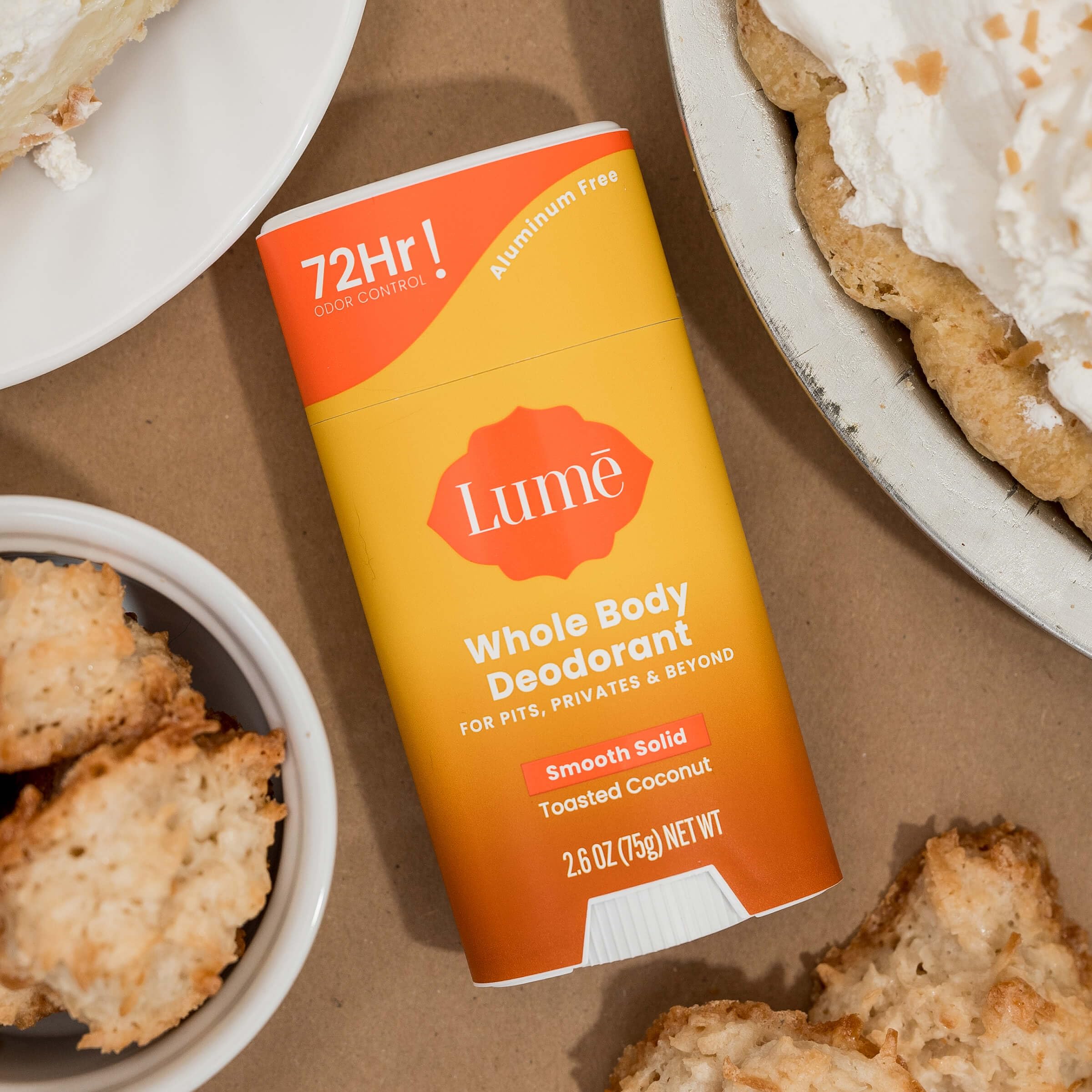 Three-pack toasted coconut deodorant package from Lume displayed for households