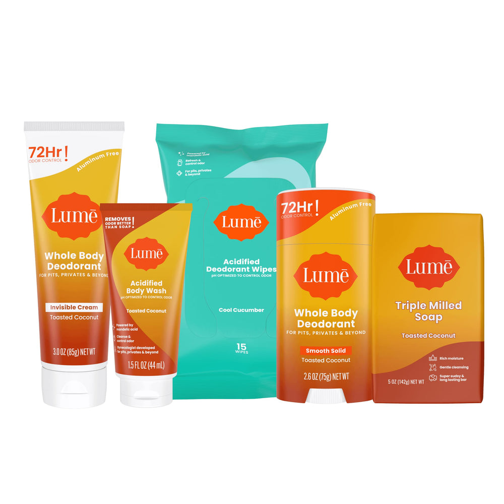Lume toasted coconut gift set box showing the full starter pack for everyday odor control