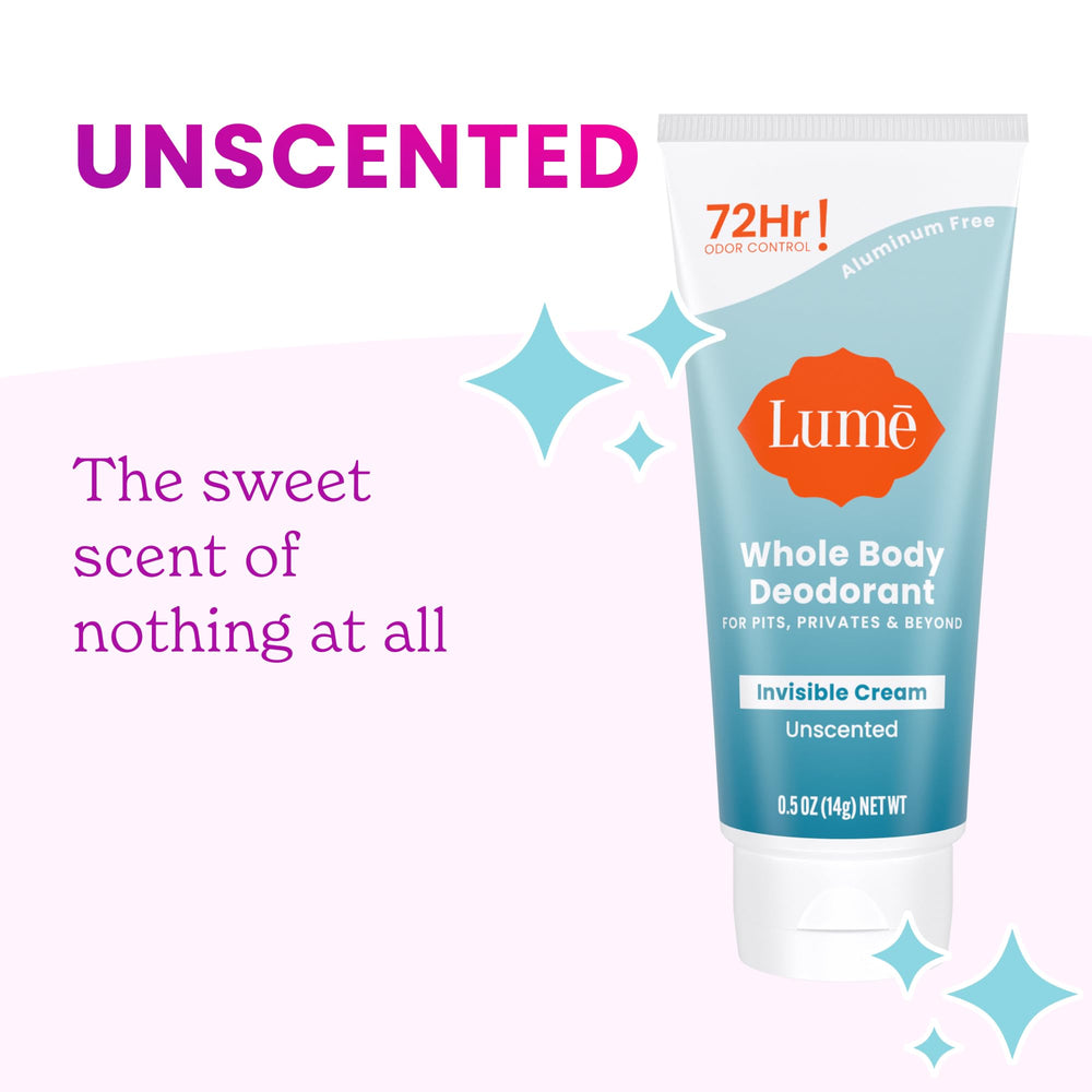 Lume travel-packaging detail highlighting 0.5oz tubes and portability.