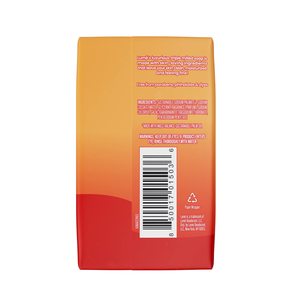 Lume bar soap close-up shows luxurious, long-lasting creamy lather