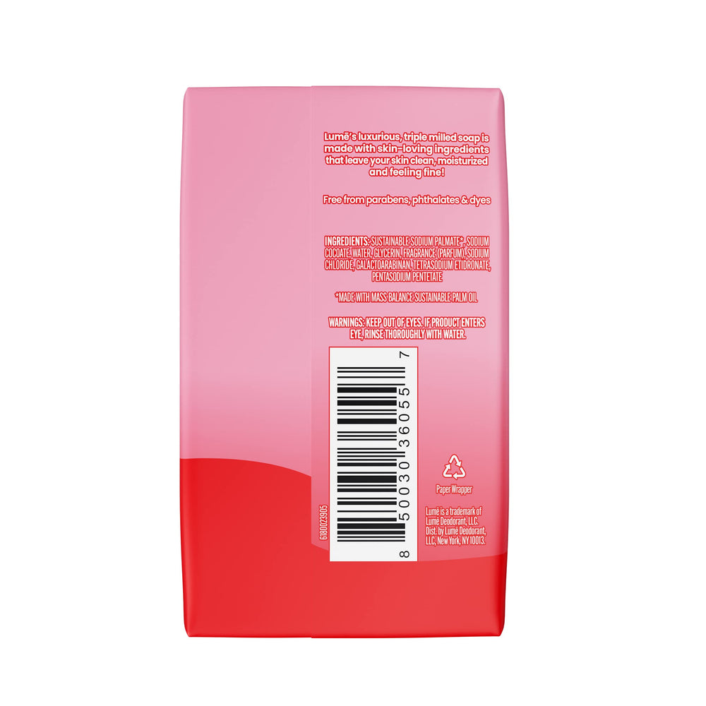Lume soap bar displays luxurious dense lather for daily cleansing and shaving.