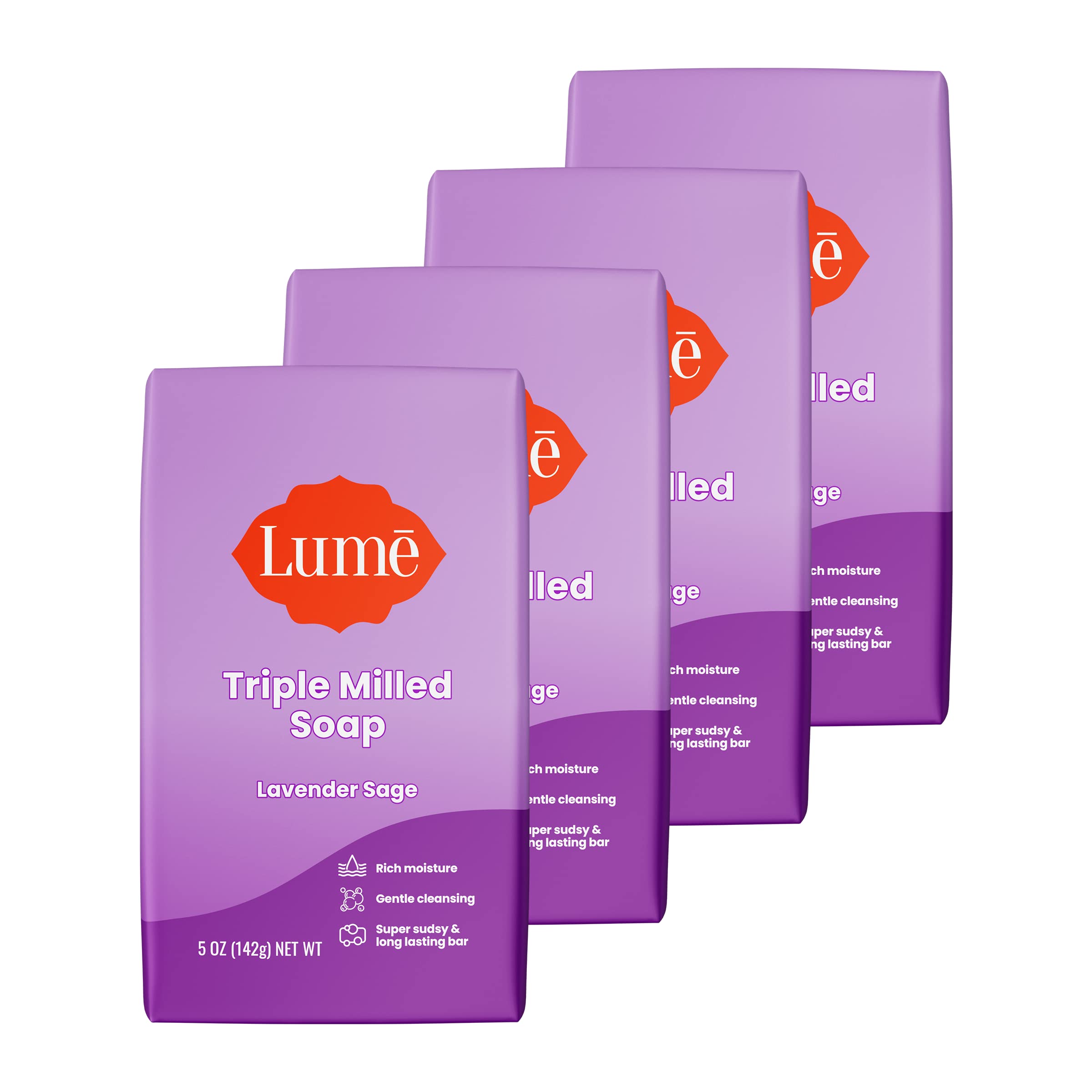 Lume triple milled bar soap showing rich moisture for soft, hydrated skin.