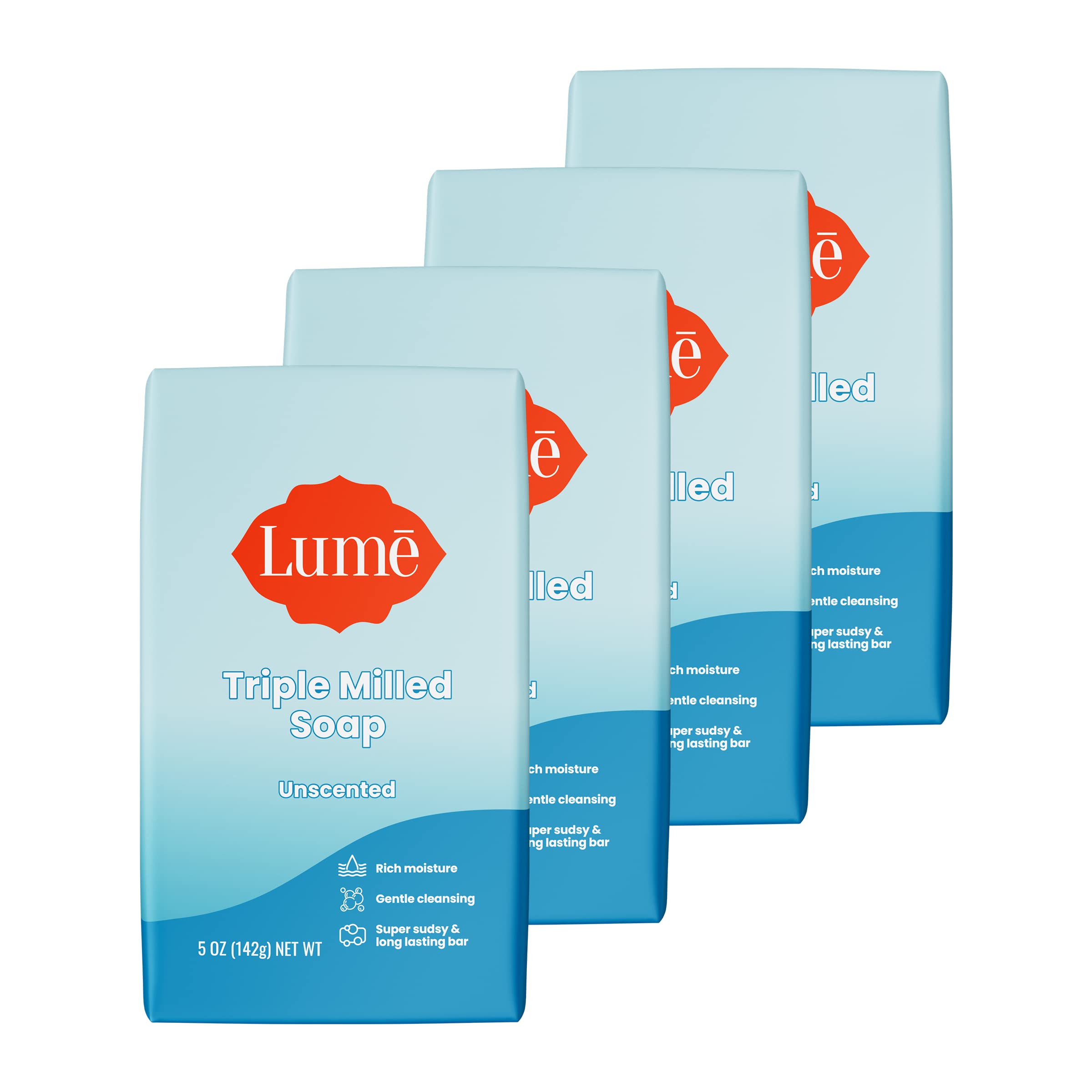 Lume triple milled bar soap showing rich moisture for daily cleansing.