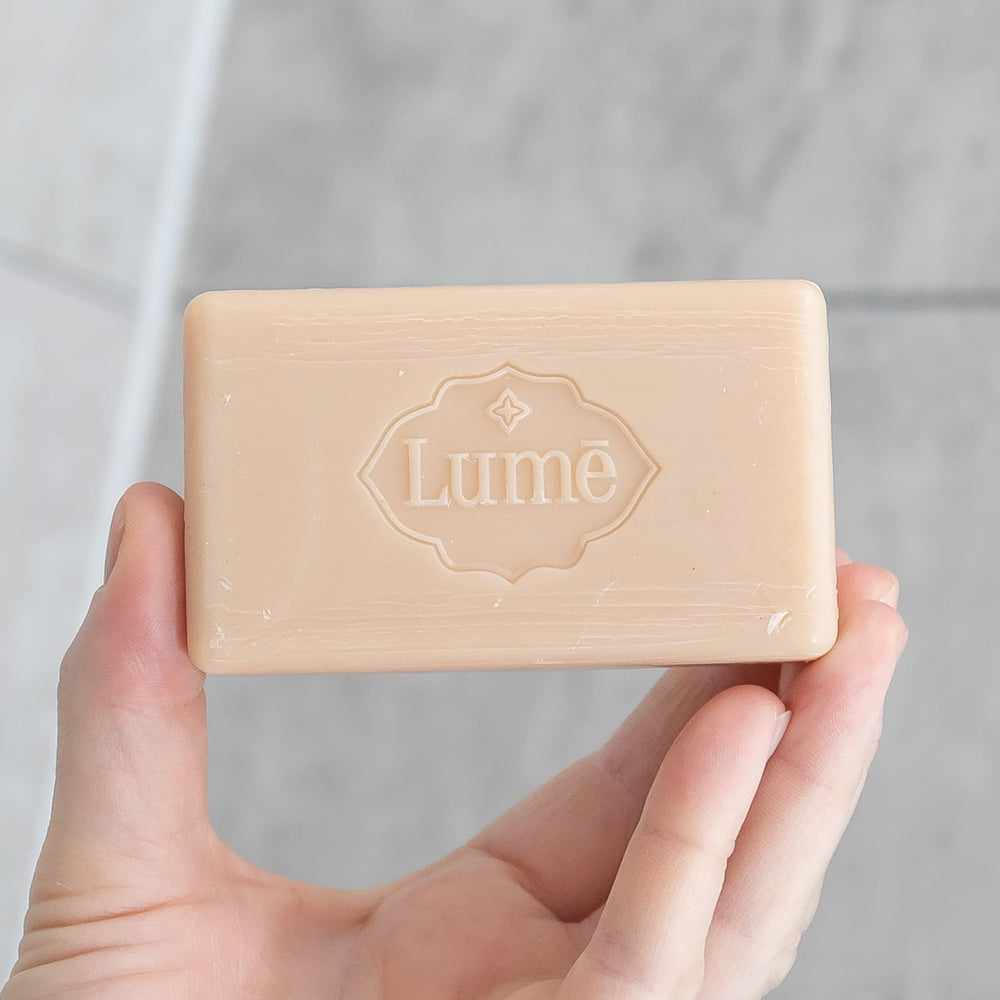 Lume soap highlights skin-loving ingredients and an SLS-free formula.