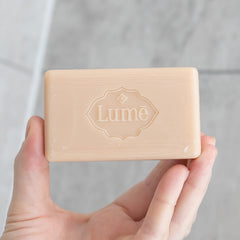 Lume soap highlights skin-loving ingredients and an SLS-free formula.