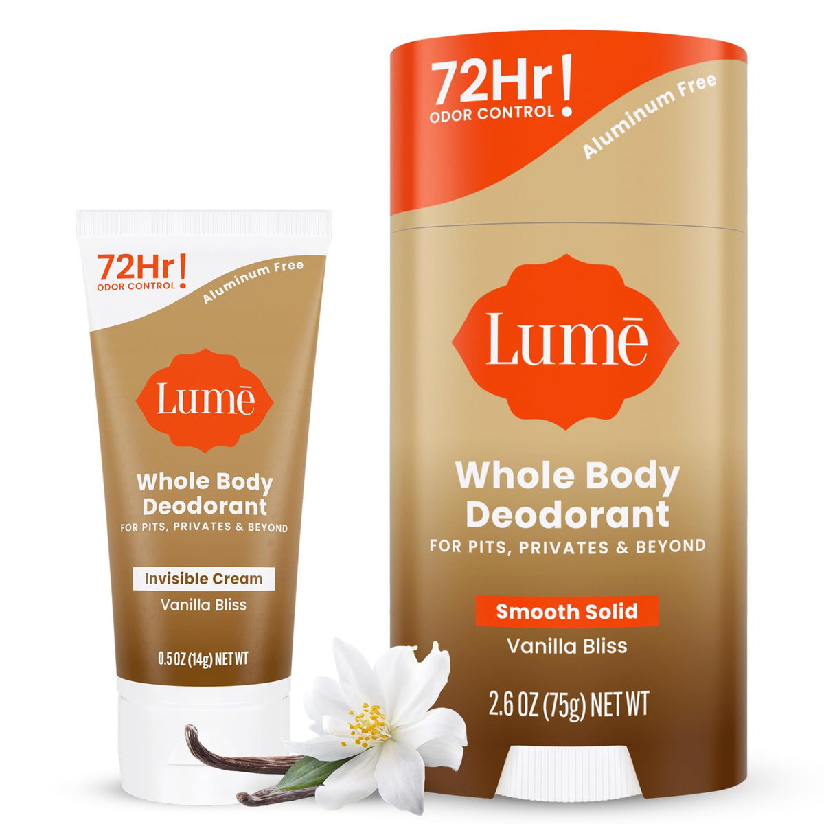 Lume Vanilla Bliss invisible cream mini bottle for all-day odor control.