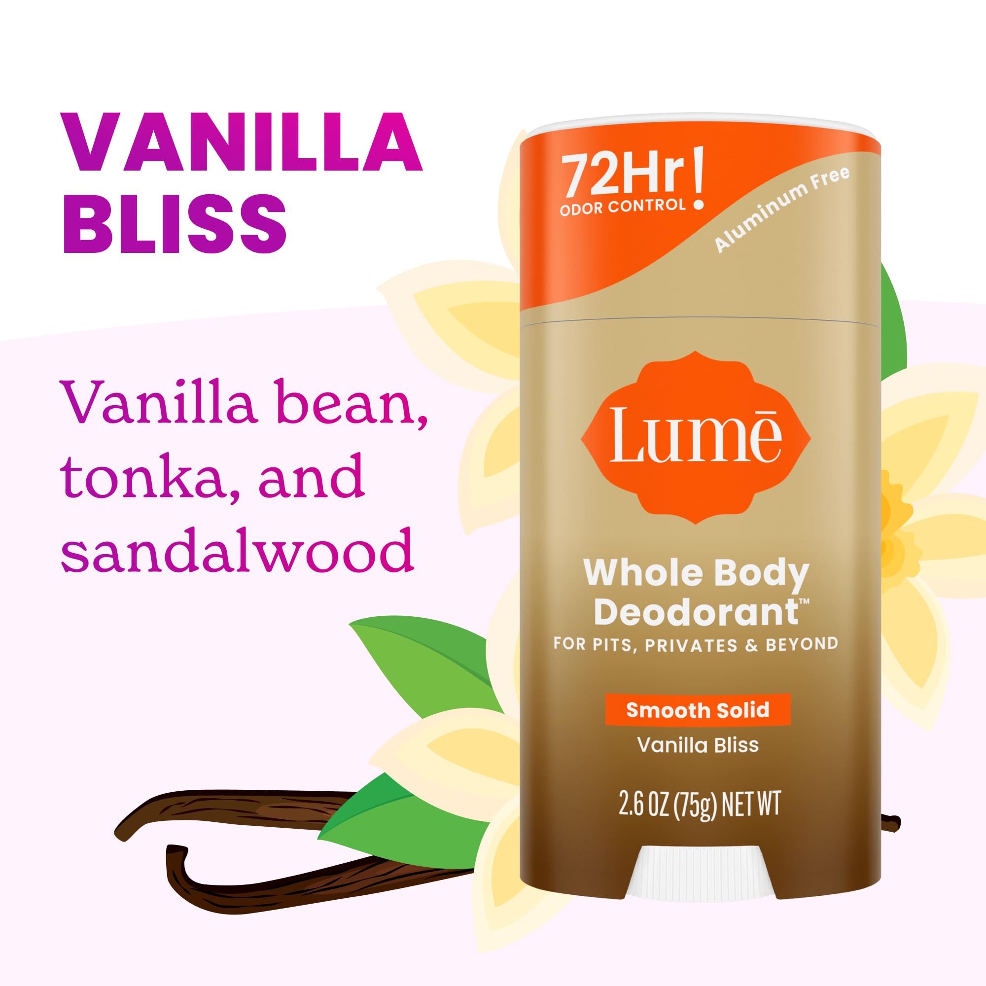 Lume Vanilla Bliss close-up texture shows skin-friendly, baking soda-free formula.