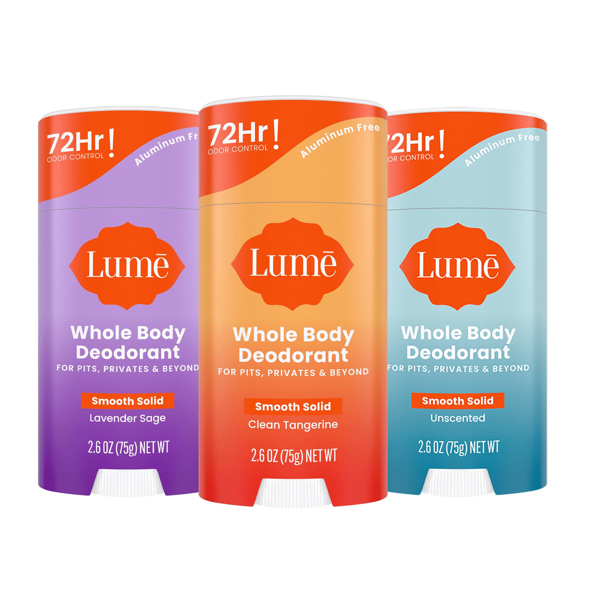 Lume Whole Body Deodorant 3-pack front packaging showcases versatile odor control for all-day freshness.
