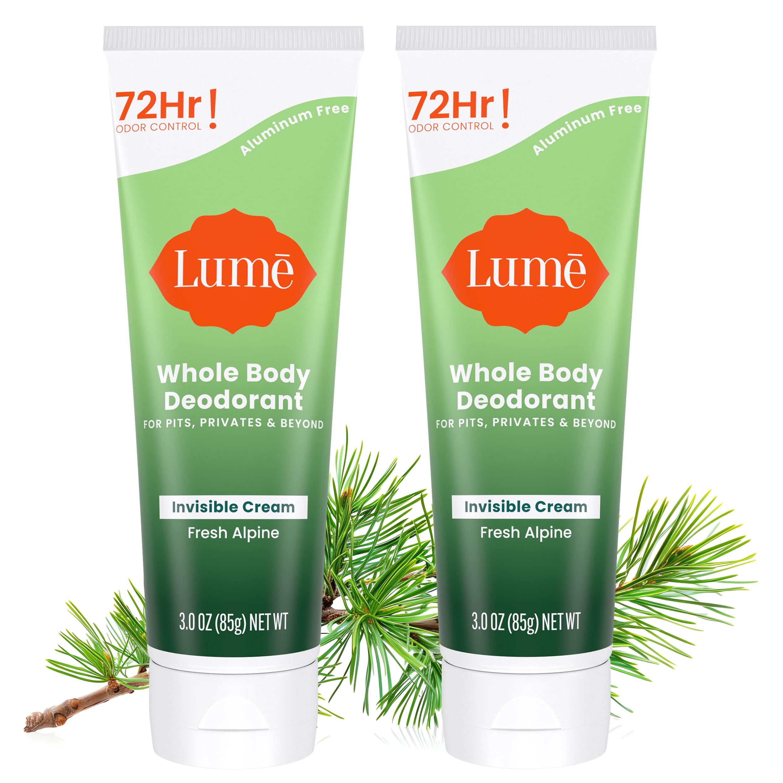 Lume Whole Body Deodorant Invisible Cream Tube Fresh Alpine shows invisible finish and all‑day odor protection.