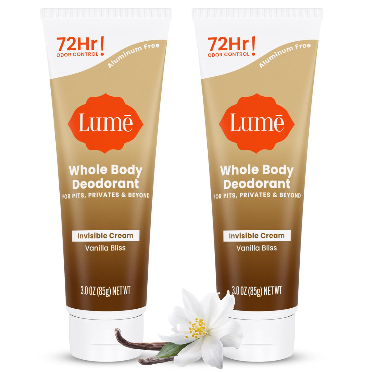 Lume Whole Body Deodorant packaging shows Vanilla Bliss, highlighting all-over odor control.