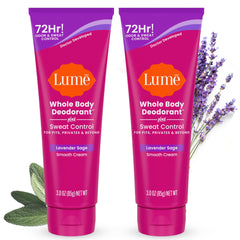 Lume Lavender Sage deodorant tube demonstrates all-over odor and sweat control.
