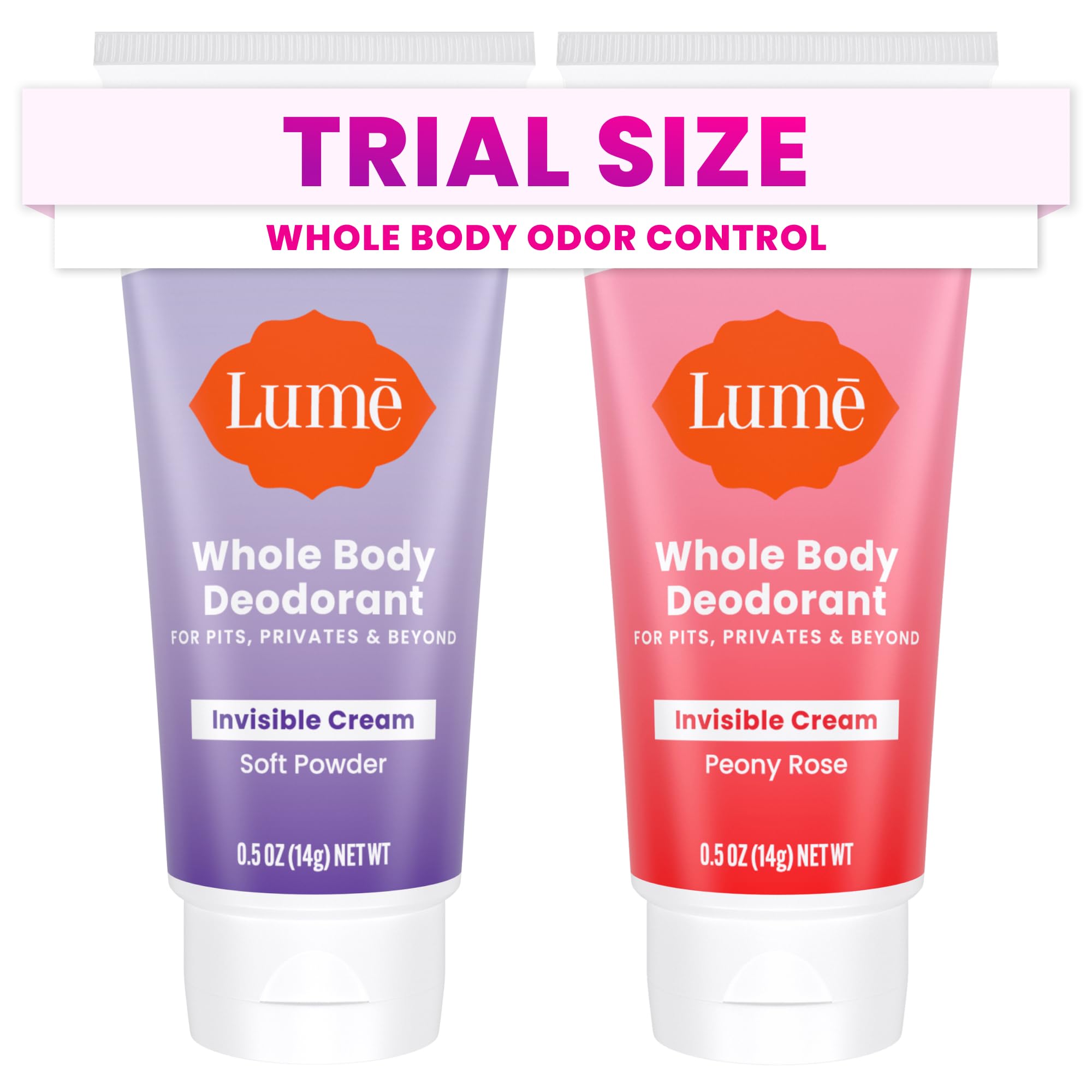 Lume Whole Body Deodorant mini tube, front view, travel-friendly design
