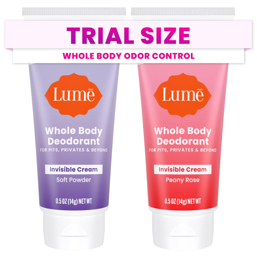 Lume Whole Body Deodorant mini tube, front view, travel-friendly design
