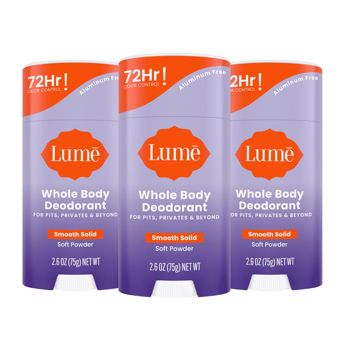 Lume whole body deodorant pack of 3 soft powder sticks for all-over odor control