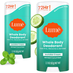 Lume whole body deodorant packaging and invisible cream stick for all day odor control.