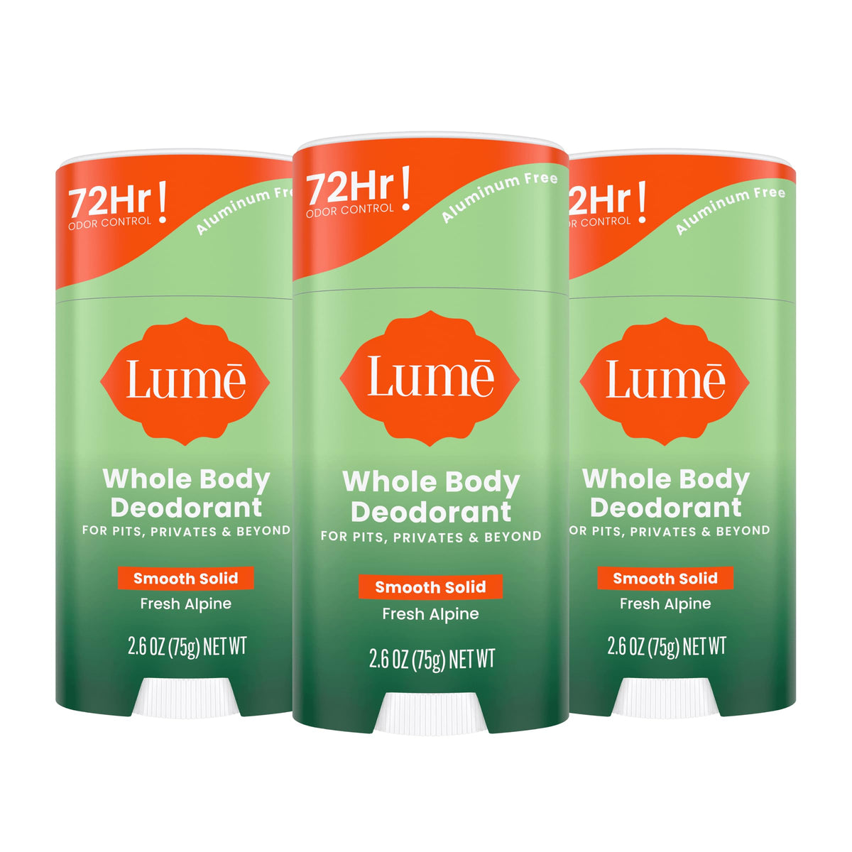 Lume whole body deodorant smooth solid stick front packaging for all-over odor control.