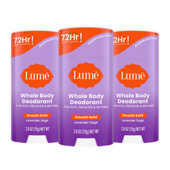 Lume Whole Body Deodorant Smooth Solid Stick shown for all day odor control.