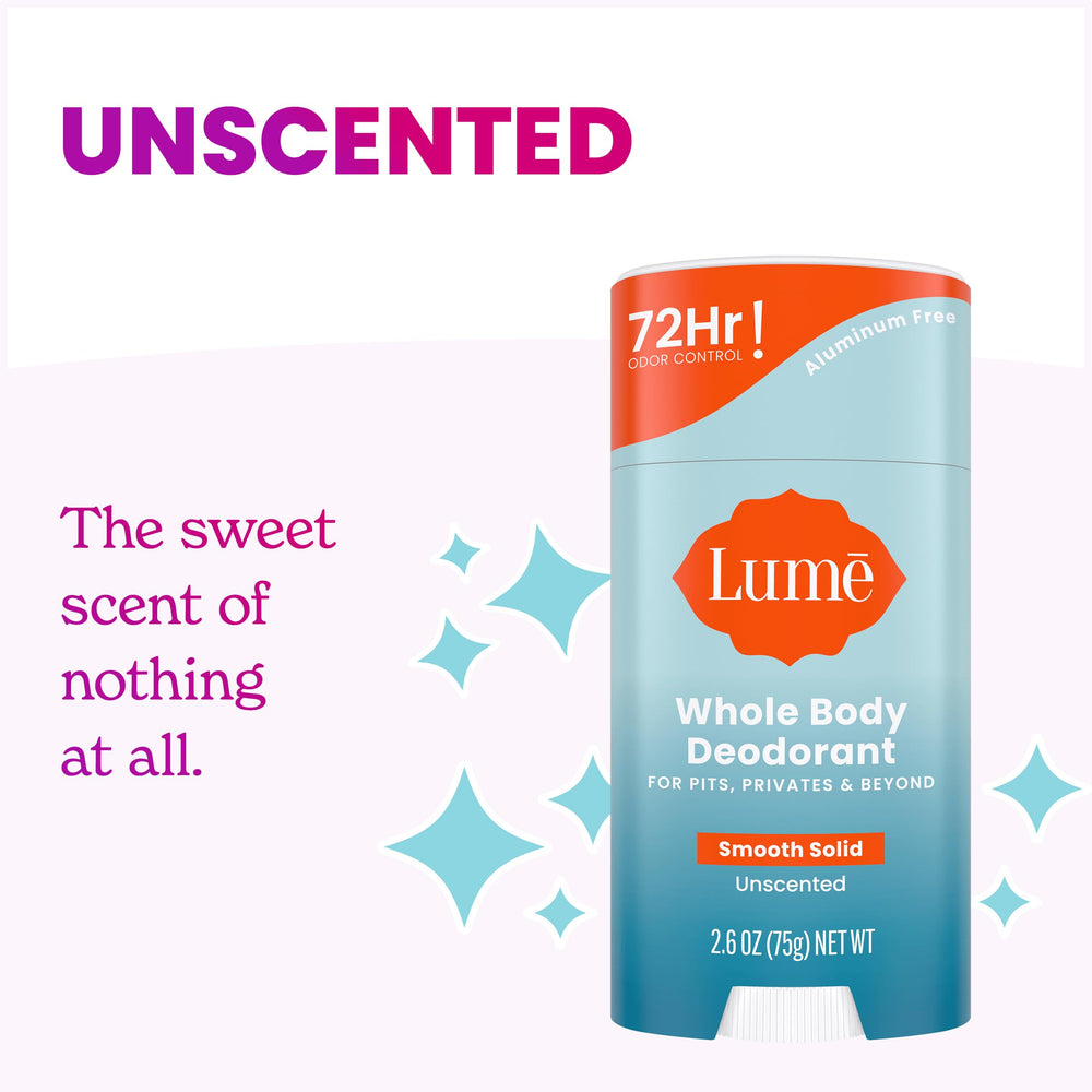Lume unscented stick on underarm area demonstrates easy application.