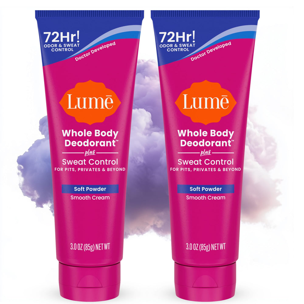 Lume Whole Body Deodorant Soft Powder tube close-up for smooth, odor-control application.