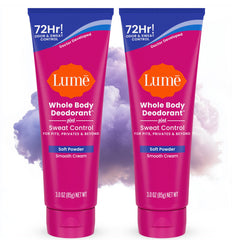 Lume Whole Body Deodorant Soft Powder tube close-up for smooth, odor-control application.