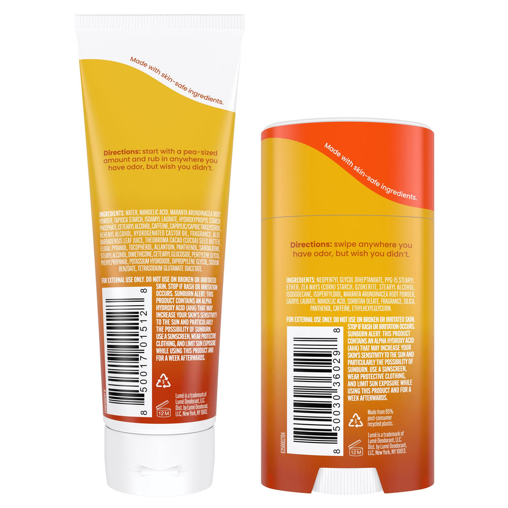 Lume solid-stick deodorant for quick, mess-free application.