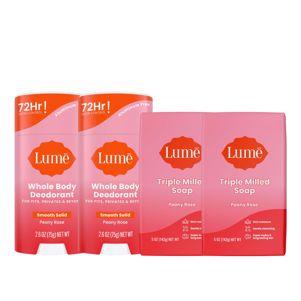 Lume whole-body deodorant stick with Peony Rose for all-over odor control.