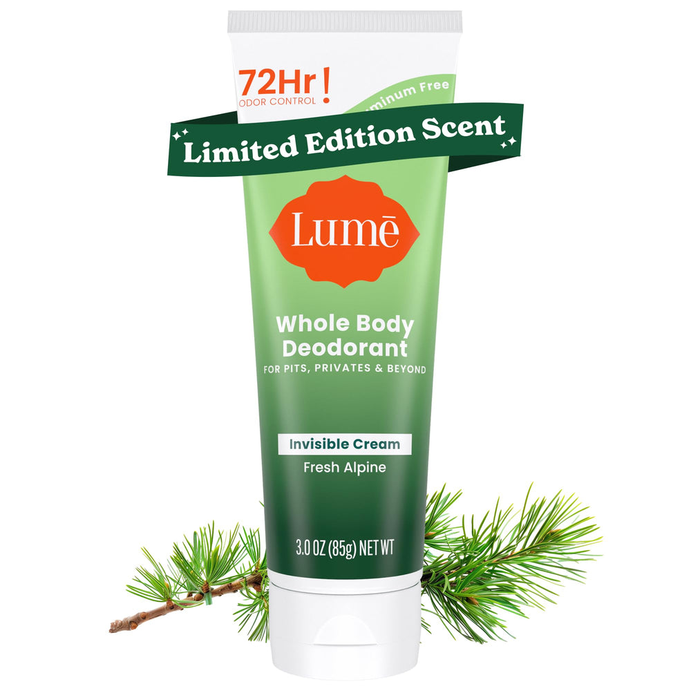 Lume Whole Body Deodorant tube front view shows branding and odor control concept.