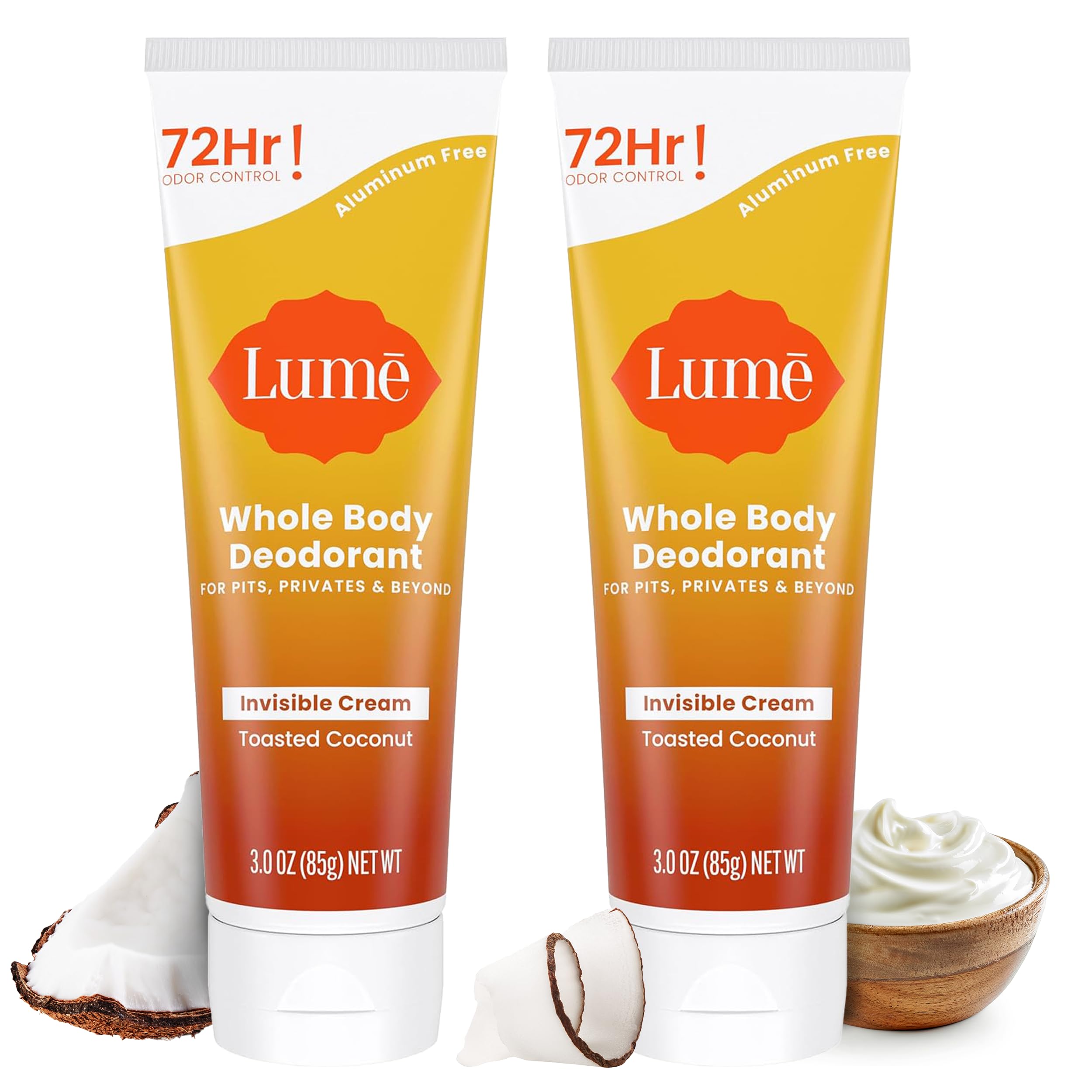 Lume Whole Body Deodorant bottle with toasted coconut for all-day odor control.