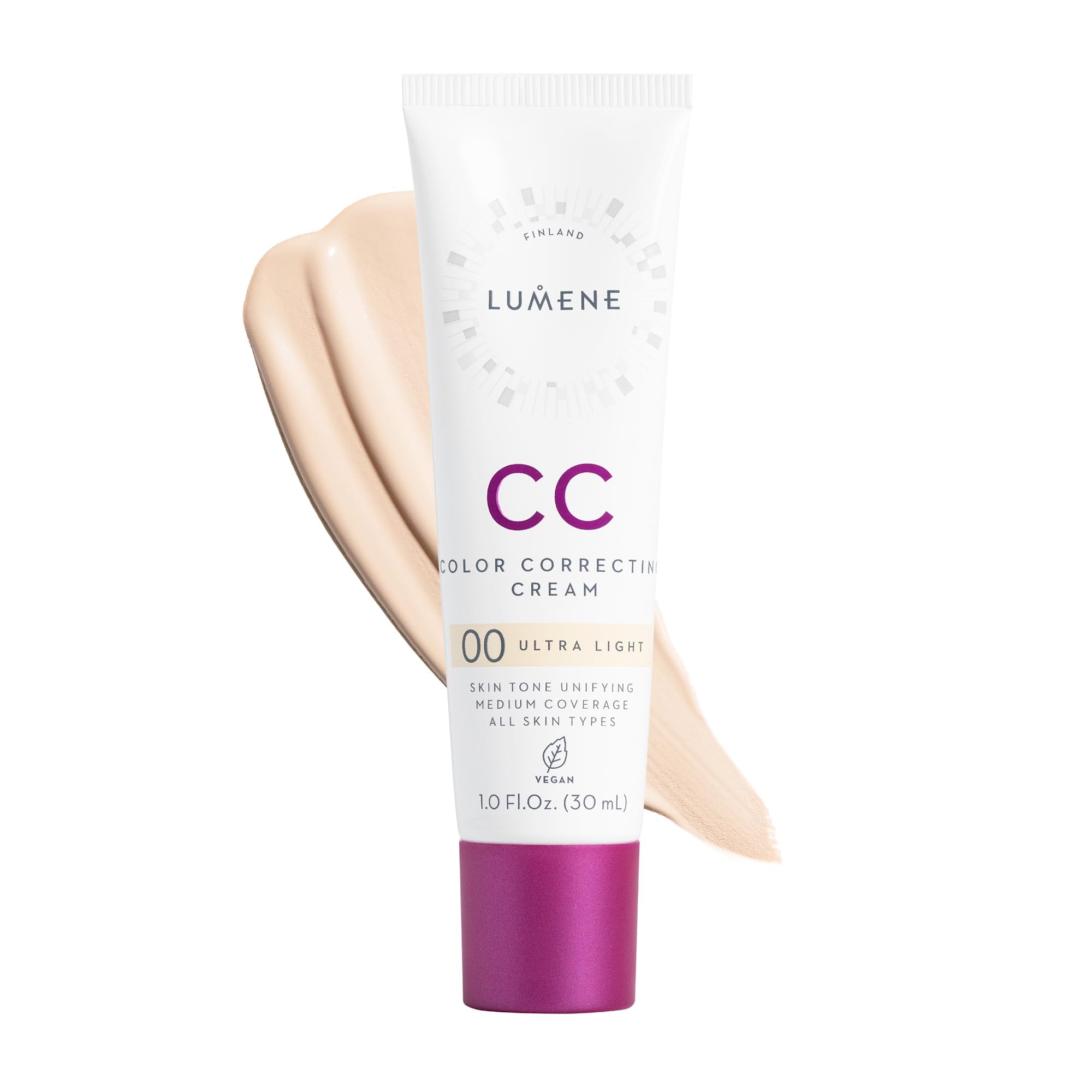 Lumene Color Correcting CC Cream bottle with universal shade for an even, radiant complexion.