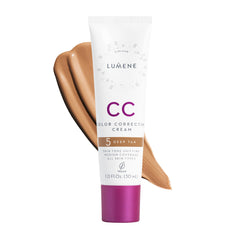 Lumene CC Cream Deep Tan bottle highlights vegan, hydrating formula for even skin tone.