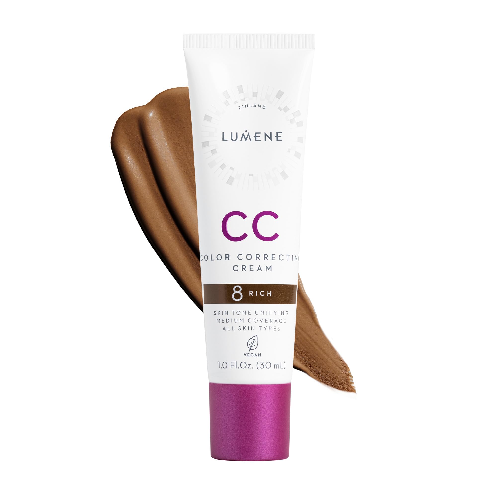 Lumene Color Correcting CC Cream bottle with pump for easy, mess-free application.