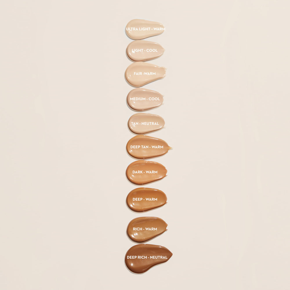 Swatches display ten universal shades for varied skin tones.