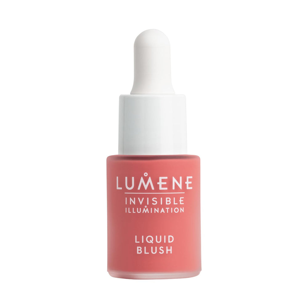 Lumene Invisible Illumination liquid blush bottle showing dewy, buildable color for radiant cheeks
