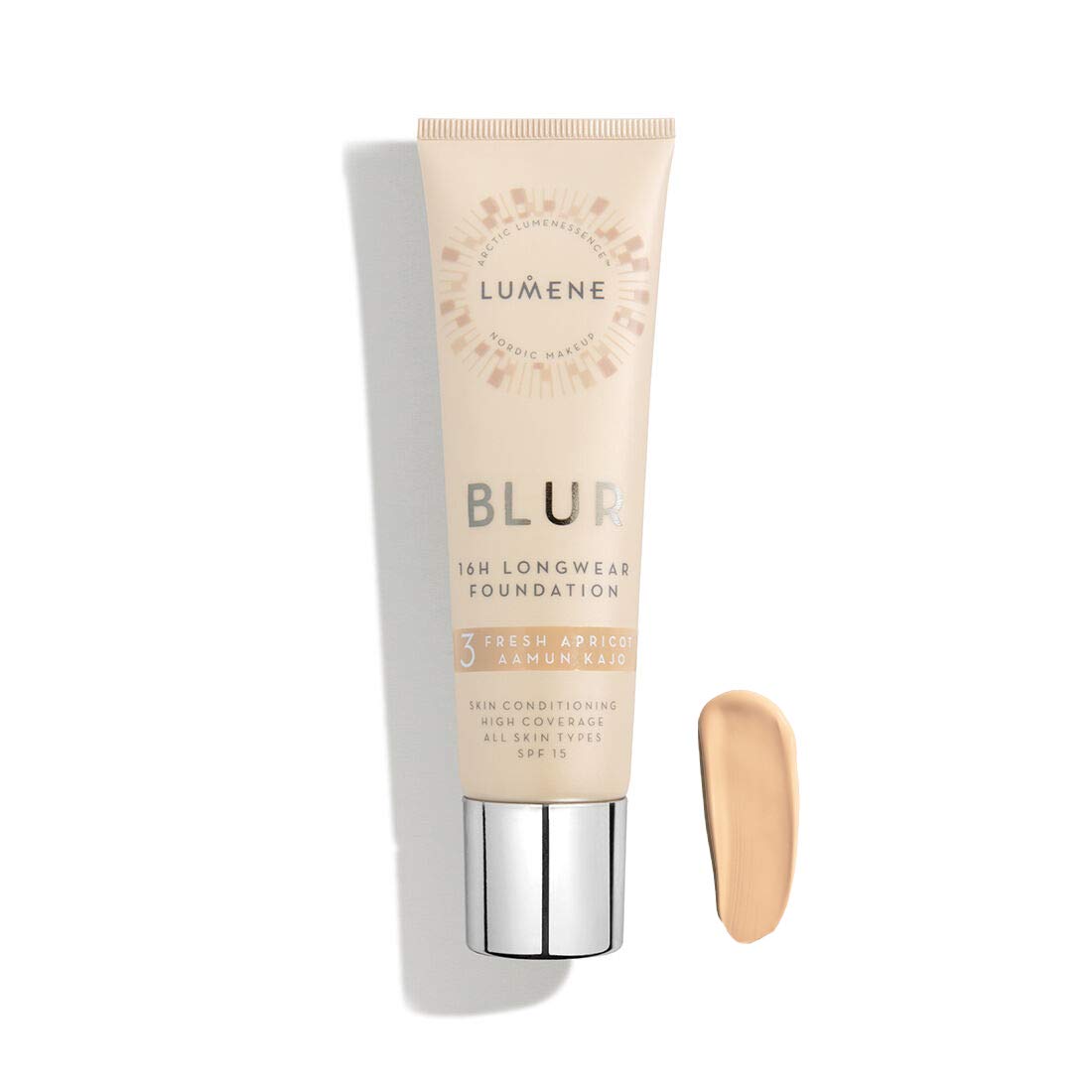 Lumene Longwear Blur Foundation bottle showing a long-wearing semi-matte finish with SPF 15.