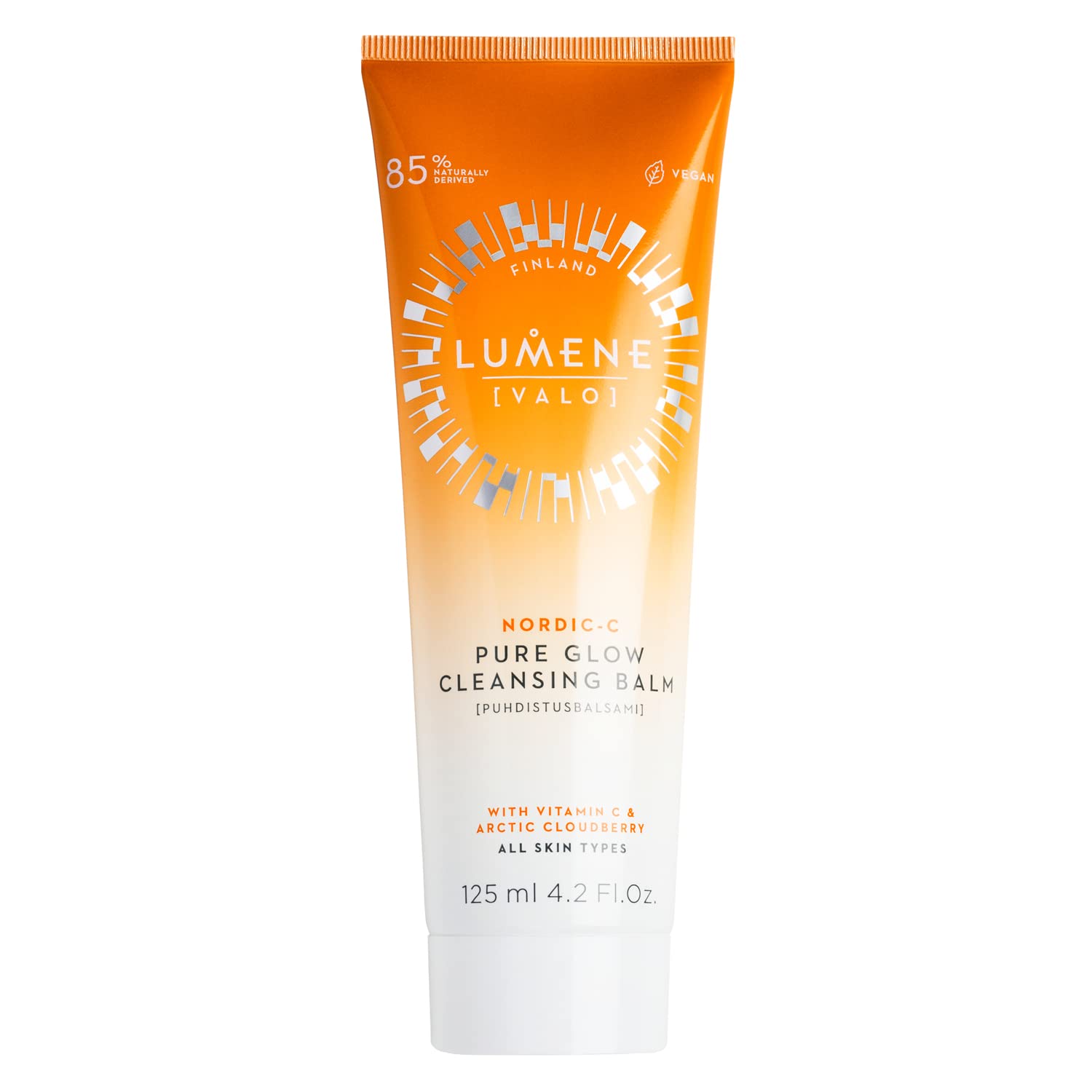 Lumene Nordic C Pure Glow cleansing balm jar close-up, gentle makeup removal for radiant skin.