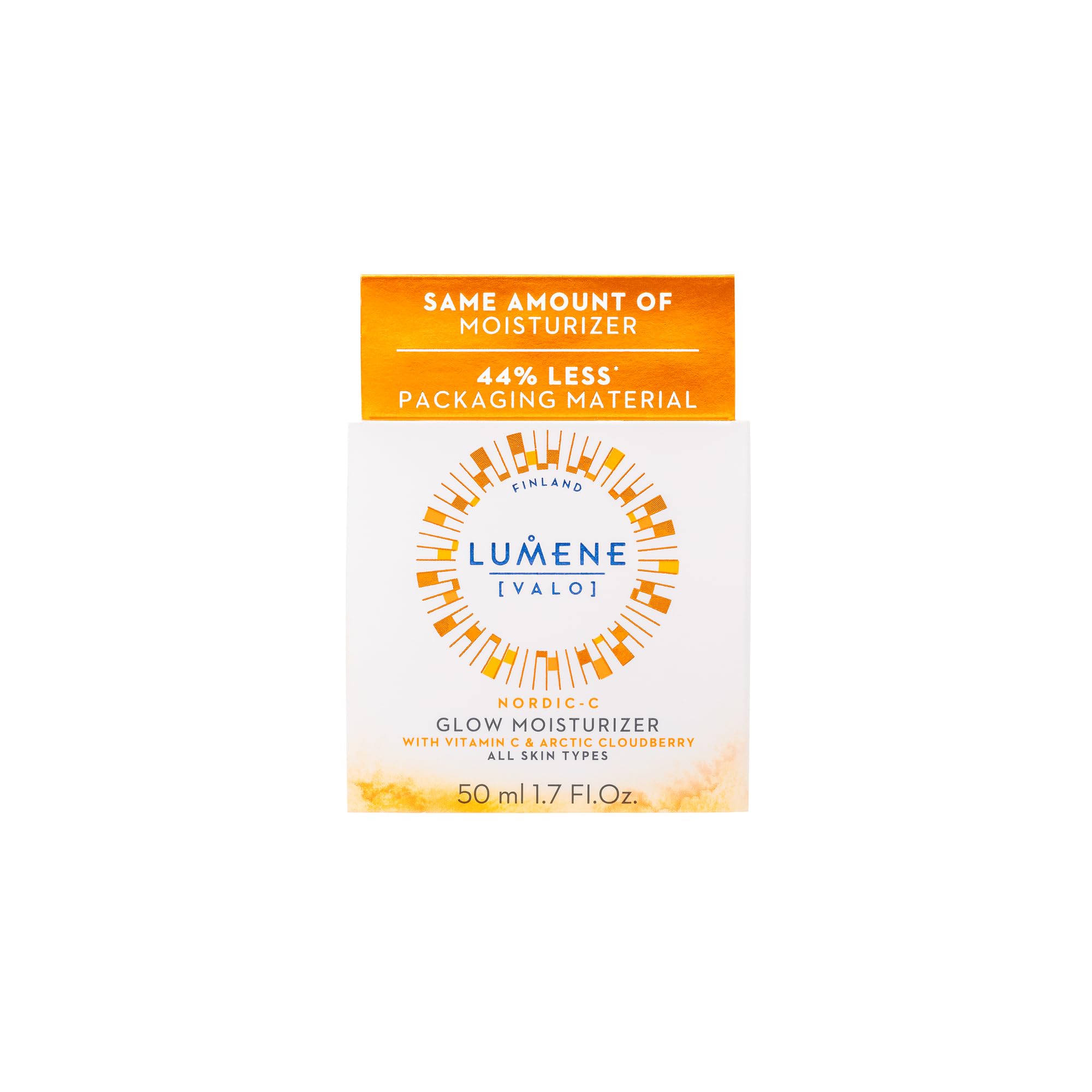 Lumene Nordic-C Valo Glow Moisturizer jar closeup highlights creamy texture for hydration.