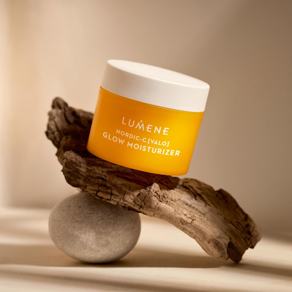 Lumene Nordic-C Valo Glow Moisturizer texture closeup on hand emphasizing hydration.
