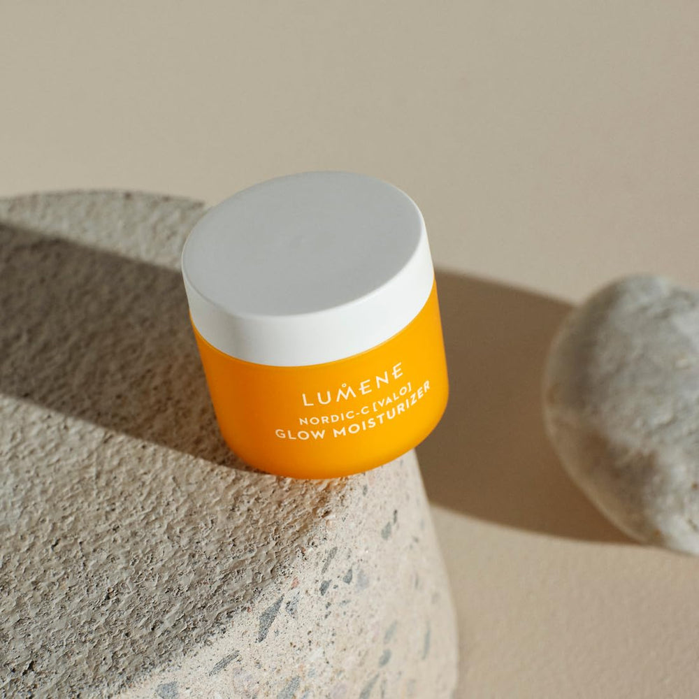 Lumene Nordic-C Valo Glow Moisturizer product display under bright light highlighting glow.