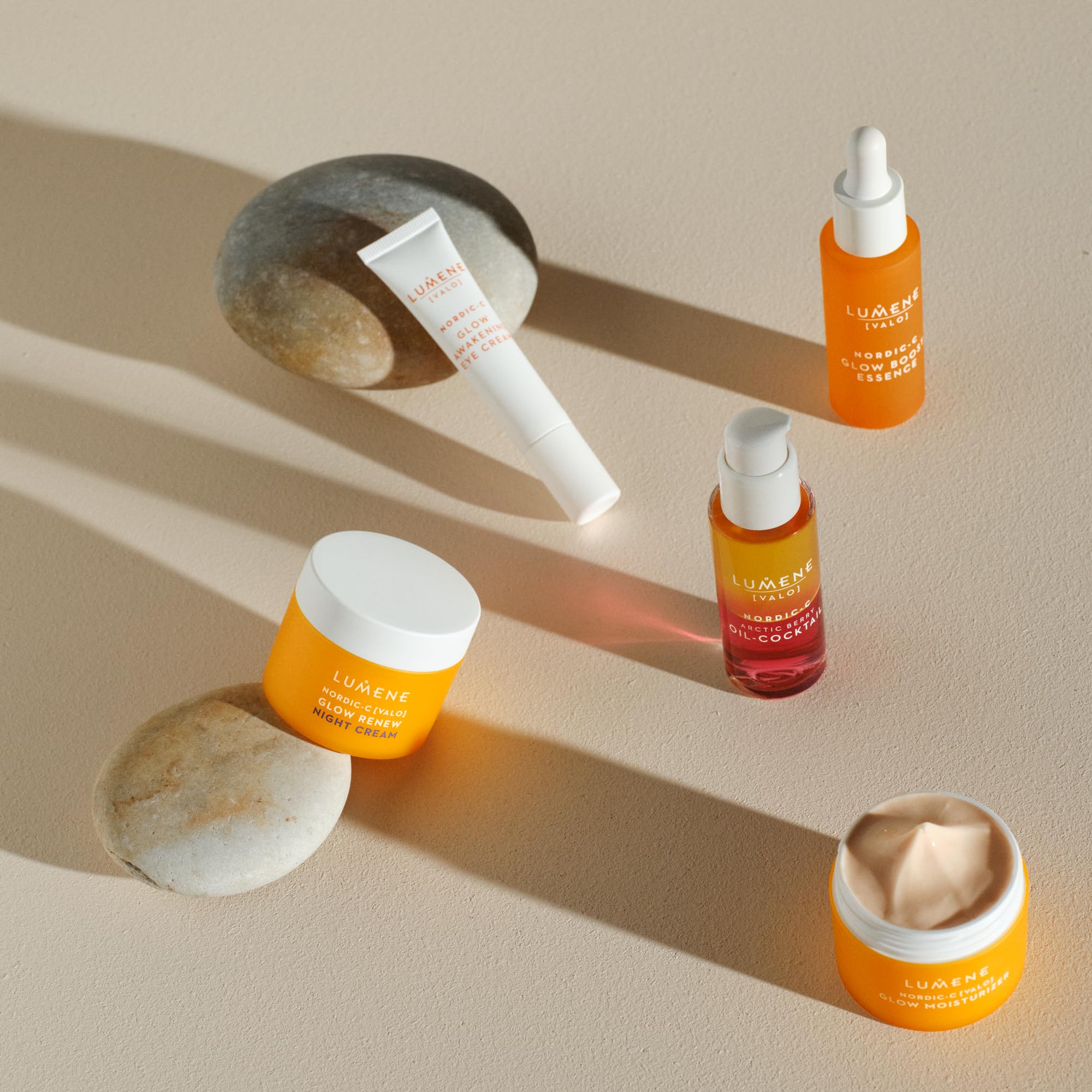 Evening routine shot featuring Lumene Nordic-C Valo Glow Renew Night Cream.