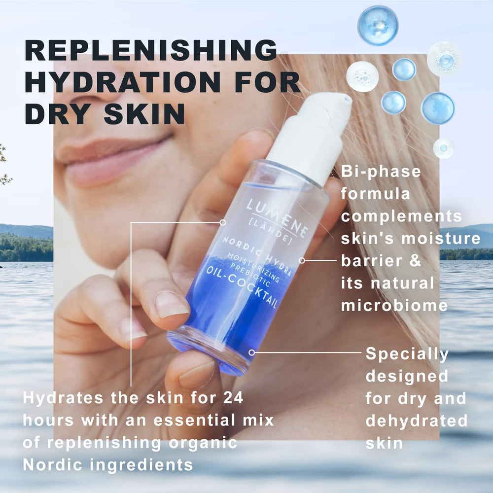 Lumene Nordic Hydra Arctic spring water droplets evoke pure hydration.