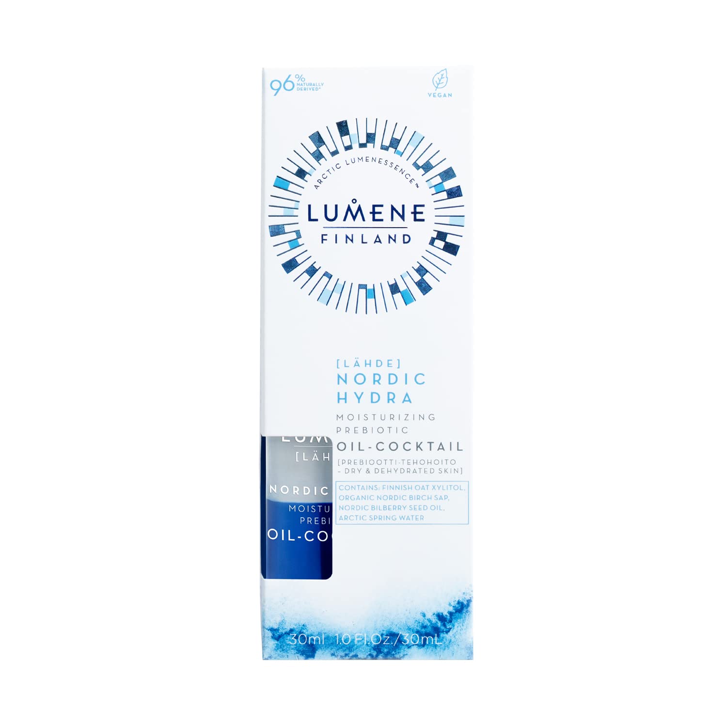 Lumene Nordic Hydra bi-phase pour showing dual hydration for dehydrated skin.
