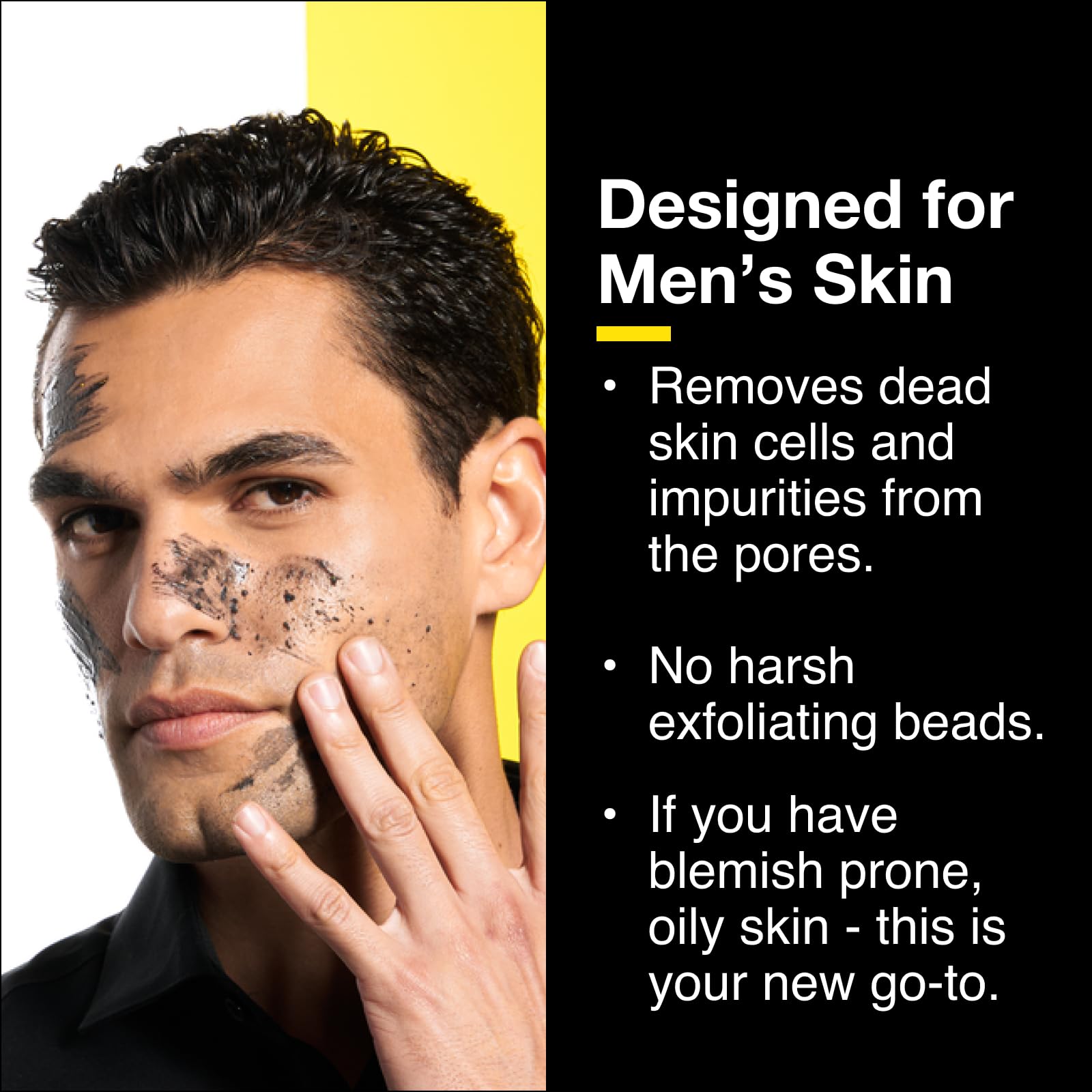 Lumin Charcoal Scrub application on face showing easy pre-shave exfoliation