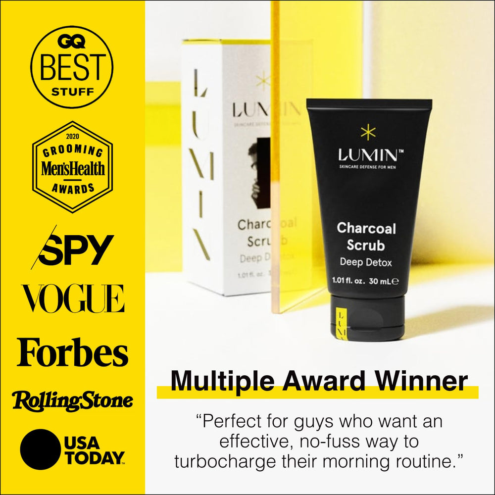 Lumin Charcoal Scrub green tea extract close-up highlights soothing ingredients