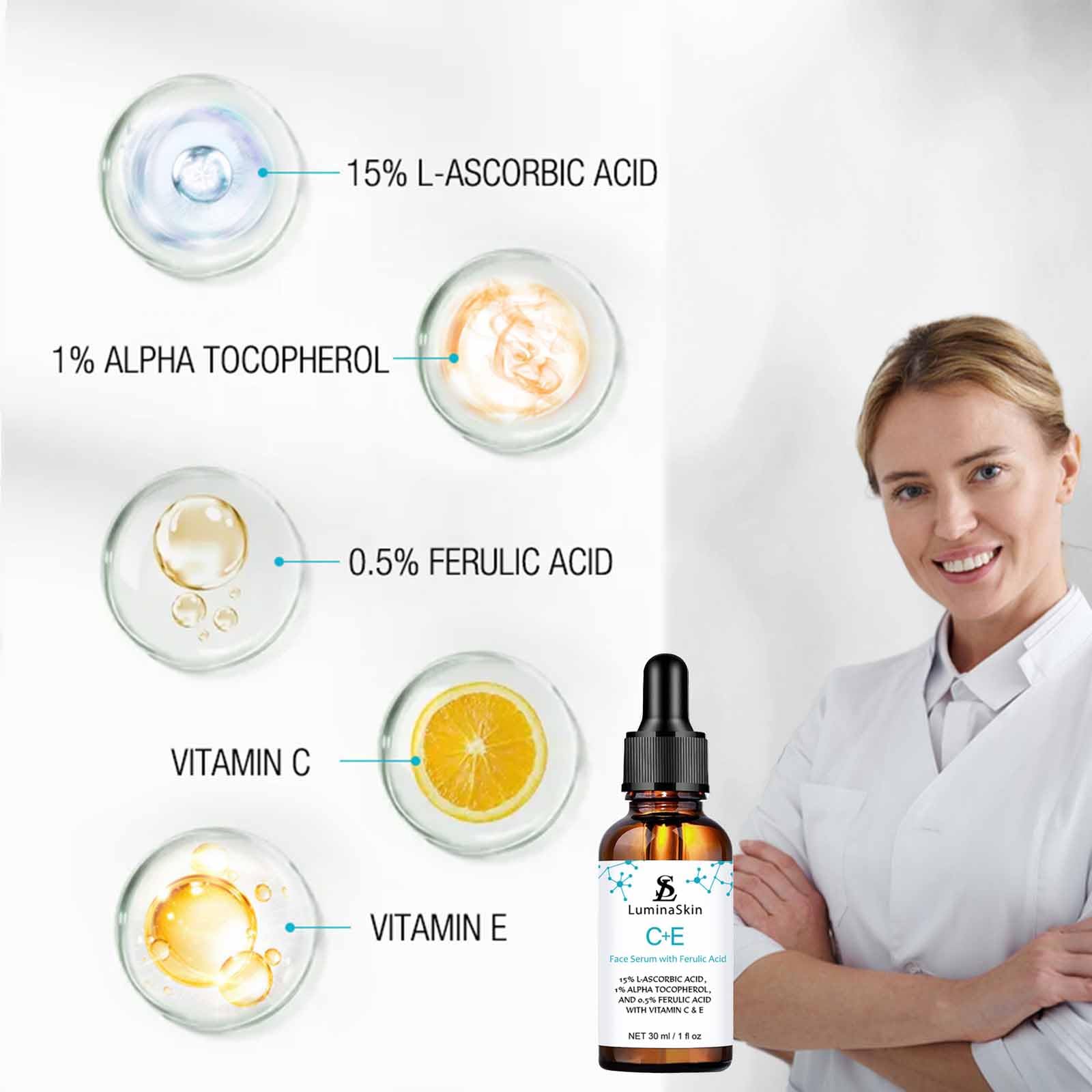 LuminaSkin ferulic acid boost label indicating stabilized formula and protection.