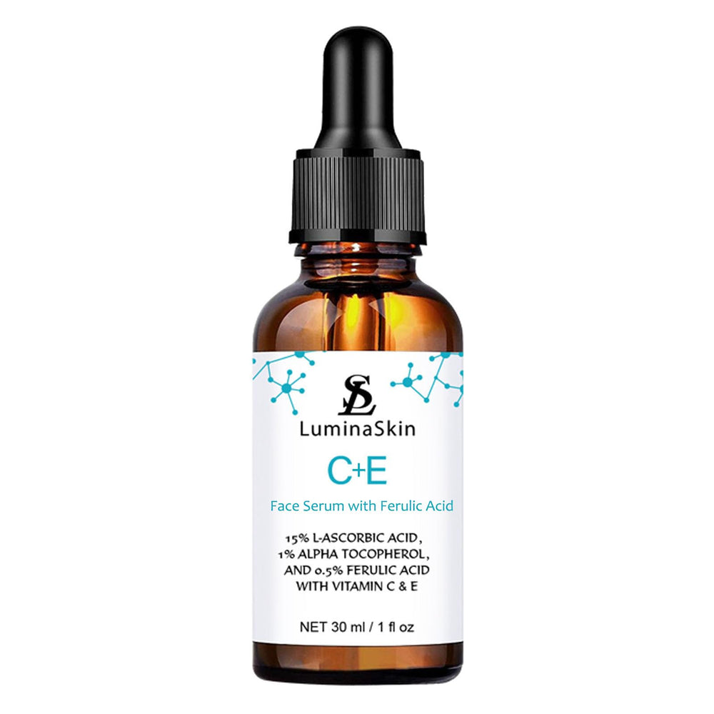 LuminaSkin Vitamin C Serum in amber bottle for daily antioxidant protection.