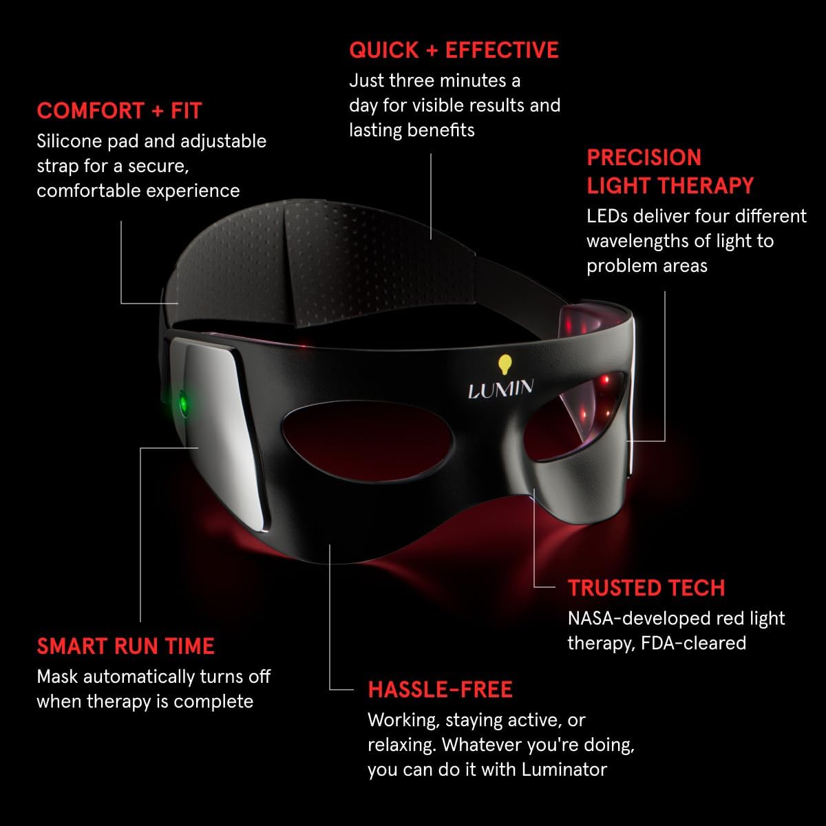 Luminator Eye Mask reveals red and infrared LEDs for targeted under-eye care.