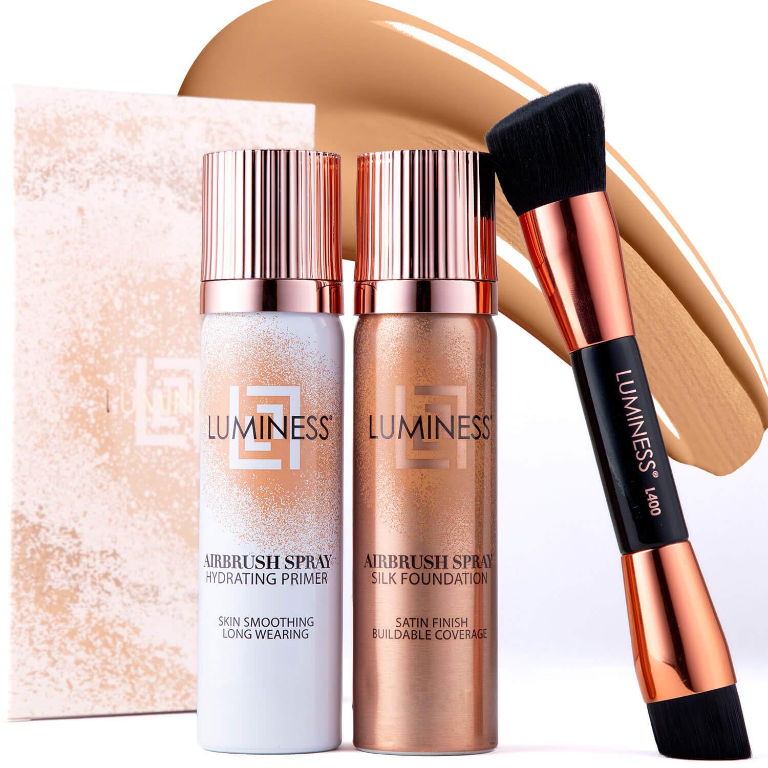 LUMINESS airbrush silk foundation bottle with light warm shade for smooth skin.