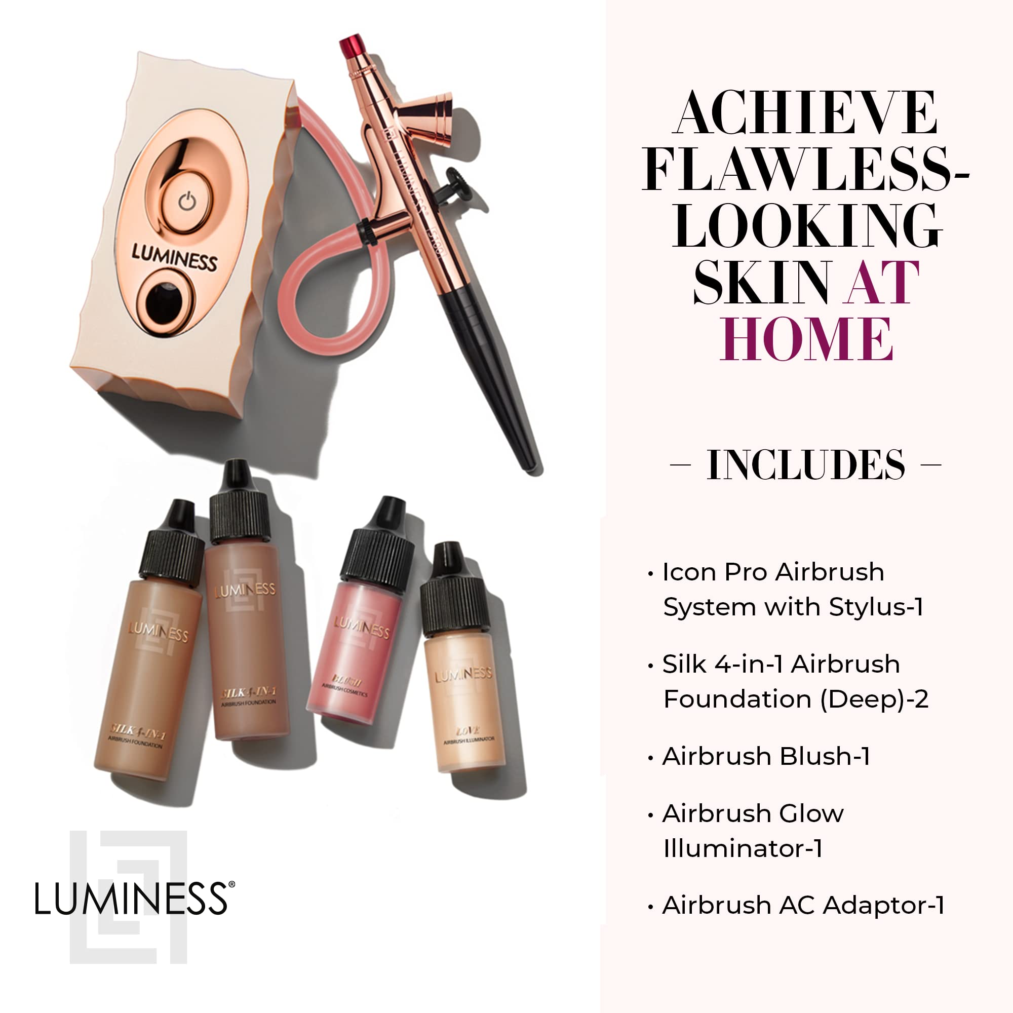 LUMINESS deep starter kit contents with foundation, blush, and illuminator for quick application
